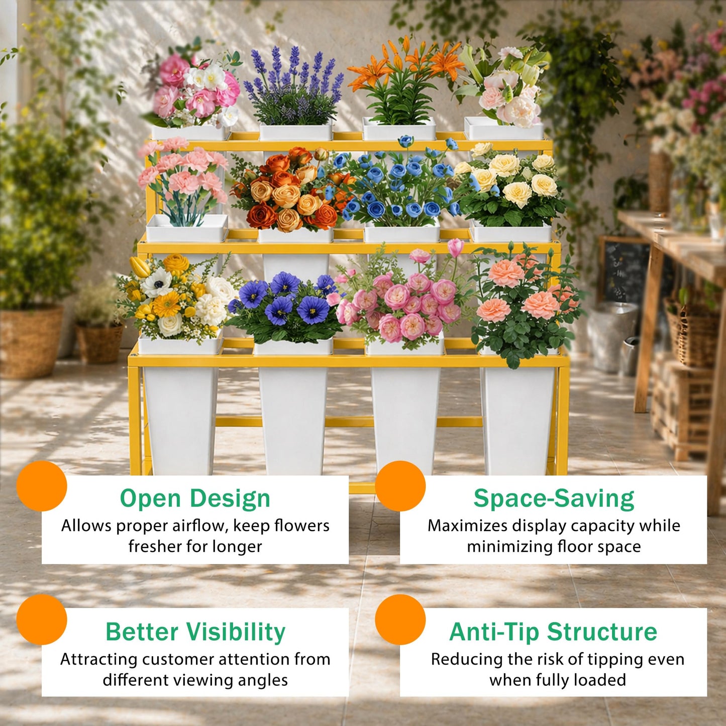 PROLEE Flower Display Stand with 12 Buckets, 3 Layers Flower Cart , Metal Flower Stand with Wheels, Moving Florist Bouquet Shelf, Gold