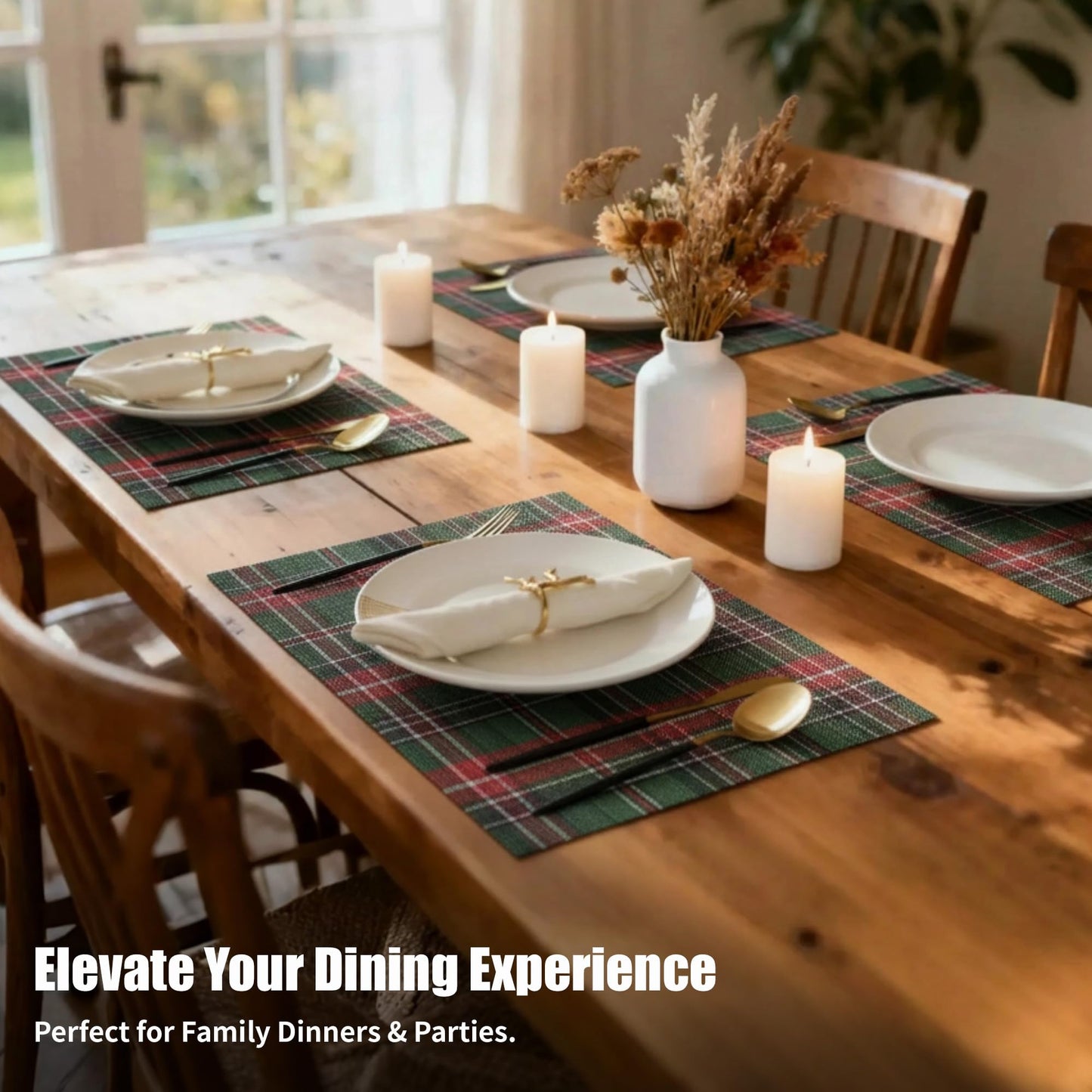 DYLQYL Christmas Placemats Set of 4, Woven Vinyl Washable Table Mats, Heat Resistant Easy Clean Wipeable PVC Place Mats for Dining Table, Kitchen, Indoor & Outdoor Use
