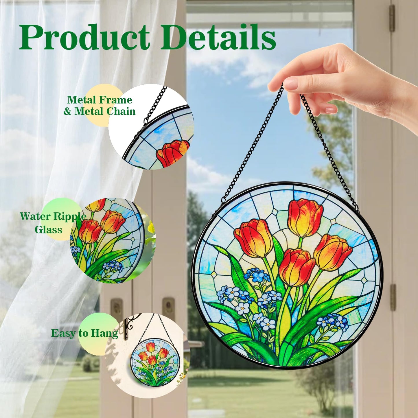 Katinyos 8 Inch Stained Glass Window Hanging, Sun Catcher with Metal Chain and Hooks, Decorative Stained Glass Panel for Garden & Patio (Tulip)