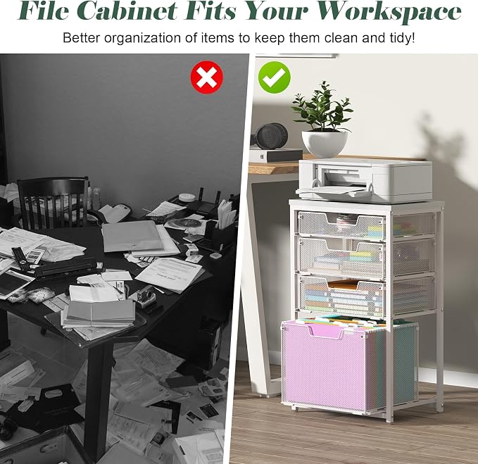 Sbanmao 4 Drawer Rolling File Cart with Wheels, Mobile Filing Cabinet for Home Office, Hanging File Organizer, Under Desk Storage, Multifunctional Utility Cart Printer Stand, White