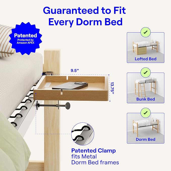 BedShelfie Wood Bedside Shelf for Bunk Bed & Top Bunk, College Dorm Room Essentials, Loft Nightstand, Floating Bed Side Table Tray Storage, Dorm Room Decor By Smallish - (DormEssential Wood, Natural)