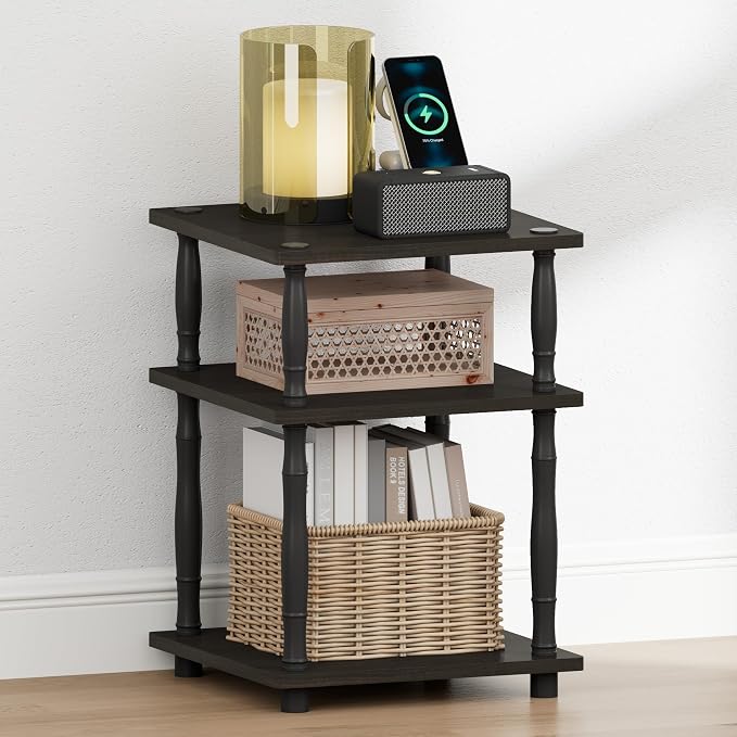 Furinno Turn-N-Tube Night Stand, 3-Tier Square Nightstand, Open Shelf Side Table, End Table with Classic Tube, for Living Room, Bedroom, Espresso