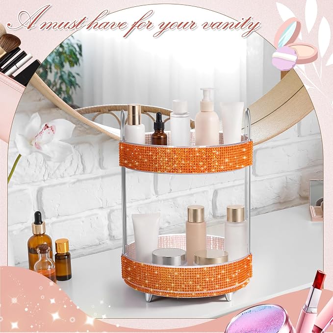 Honeydak 360 Rotating Perfume Organizer Gift for Women, Rhinestone Preppy Skincare Organizer Bathroom Counter Makeup Holder Skincare and Perfume Storage for Cosmetic(2 Tiers,Resin Diamond,Orange)