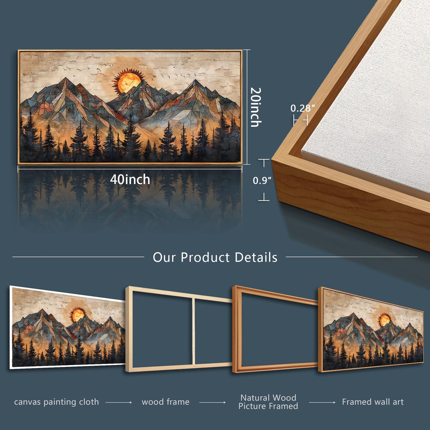 ZUITINGHUA Wood Framed Wall Art For Living Room Canvas Decor For Bedroom Office Decorations Abstract Boho Wall Paintings Mountain Landscape Wall Pictures Modern Home Decor Artwork 20x40 In