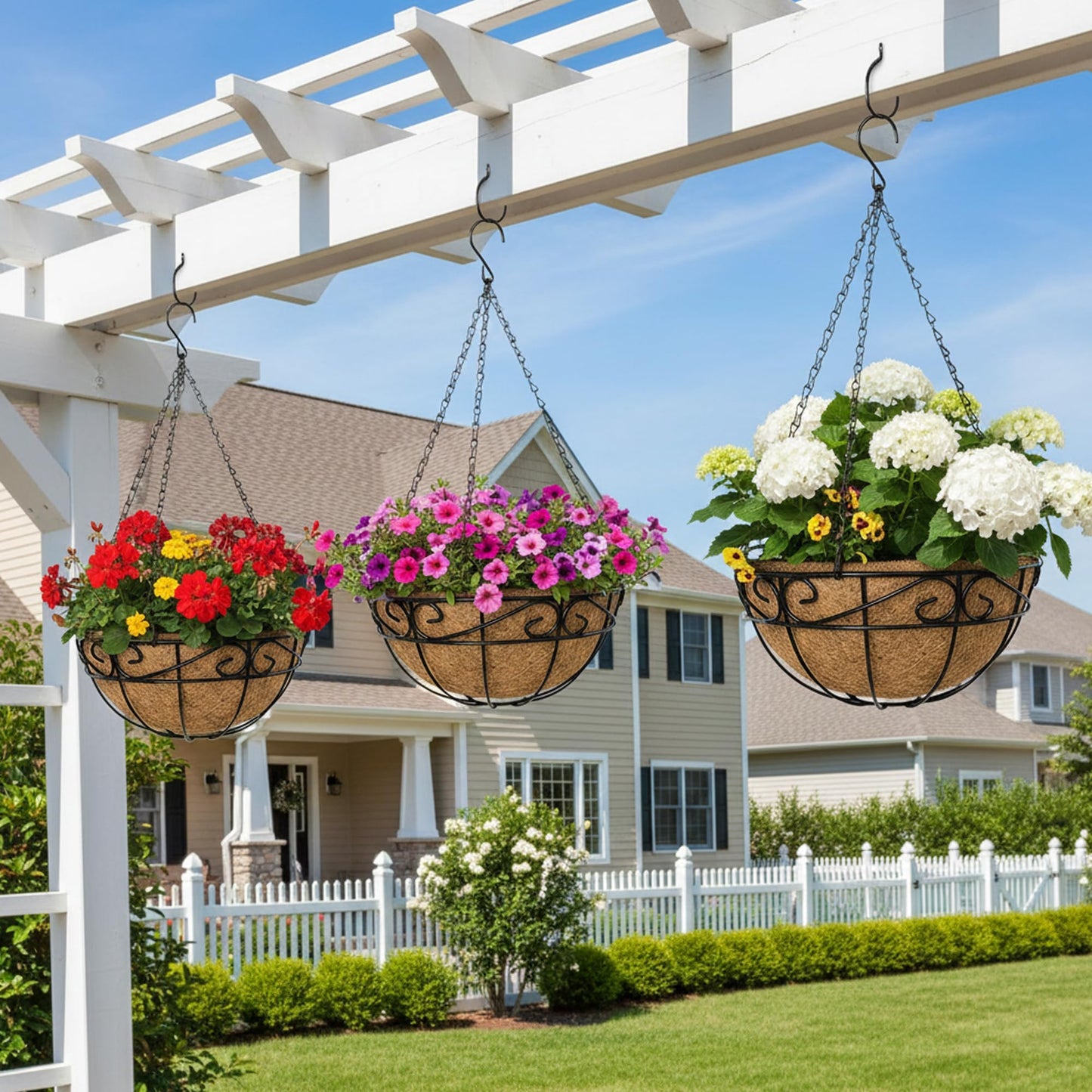EIMQUVW Outdoor Metal Hanging Planters Basket (4pack, 14 inch) Hanging Baskets for Plants Chain Round Wire Plant Holder with Coco Fiber Liners for Garden, Patio, Deck, Porch(Flower Border)