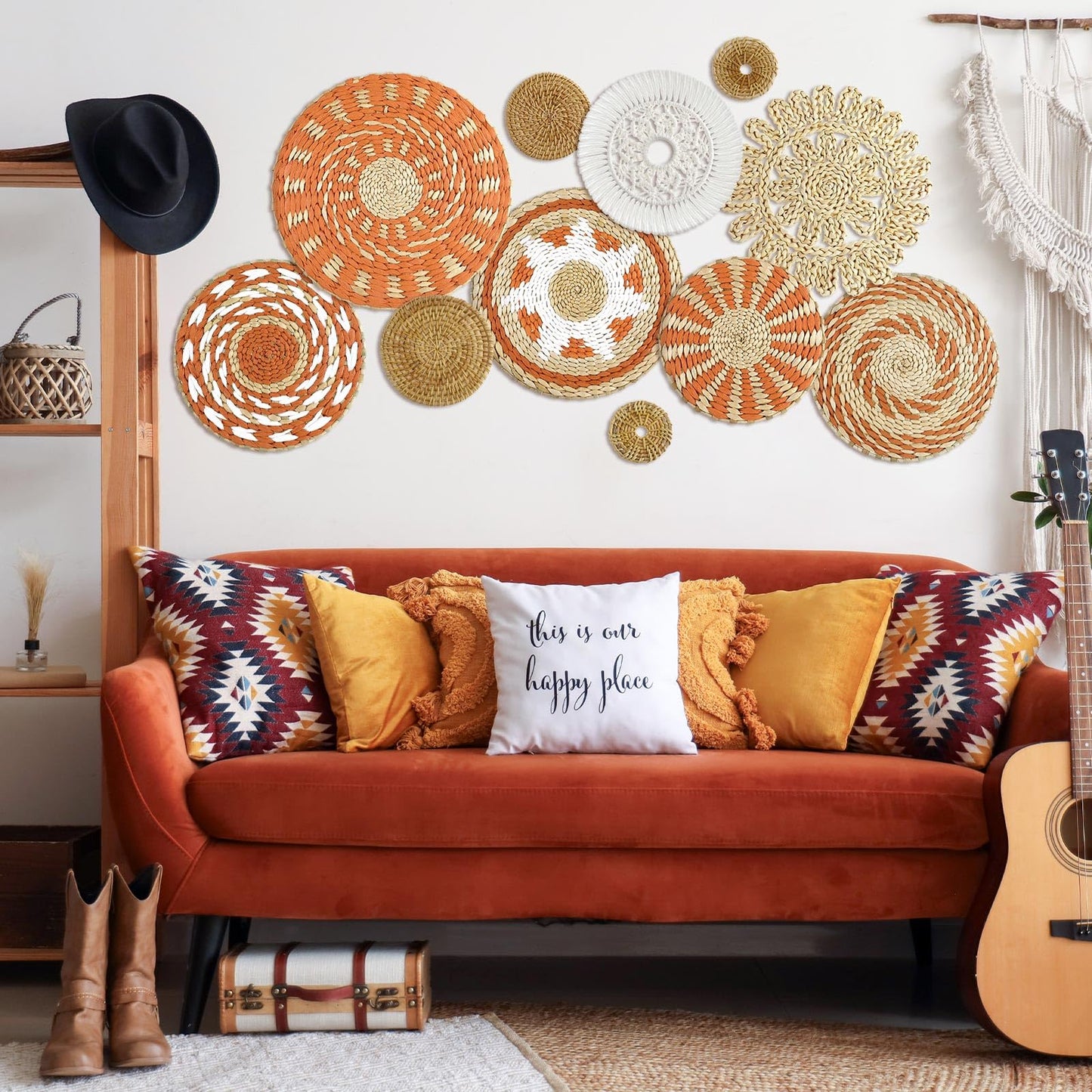 Tatuo 11 Pcs Boho Wall Basket Decor Bulrush Woven Wall Hanging Art Round Farmhouse Rustic Handmade Wicker for Summer Home, Bedroom, Living Room, Kitchen Decorations, Multi Sizes(Delicate)