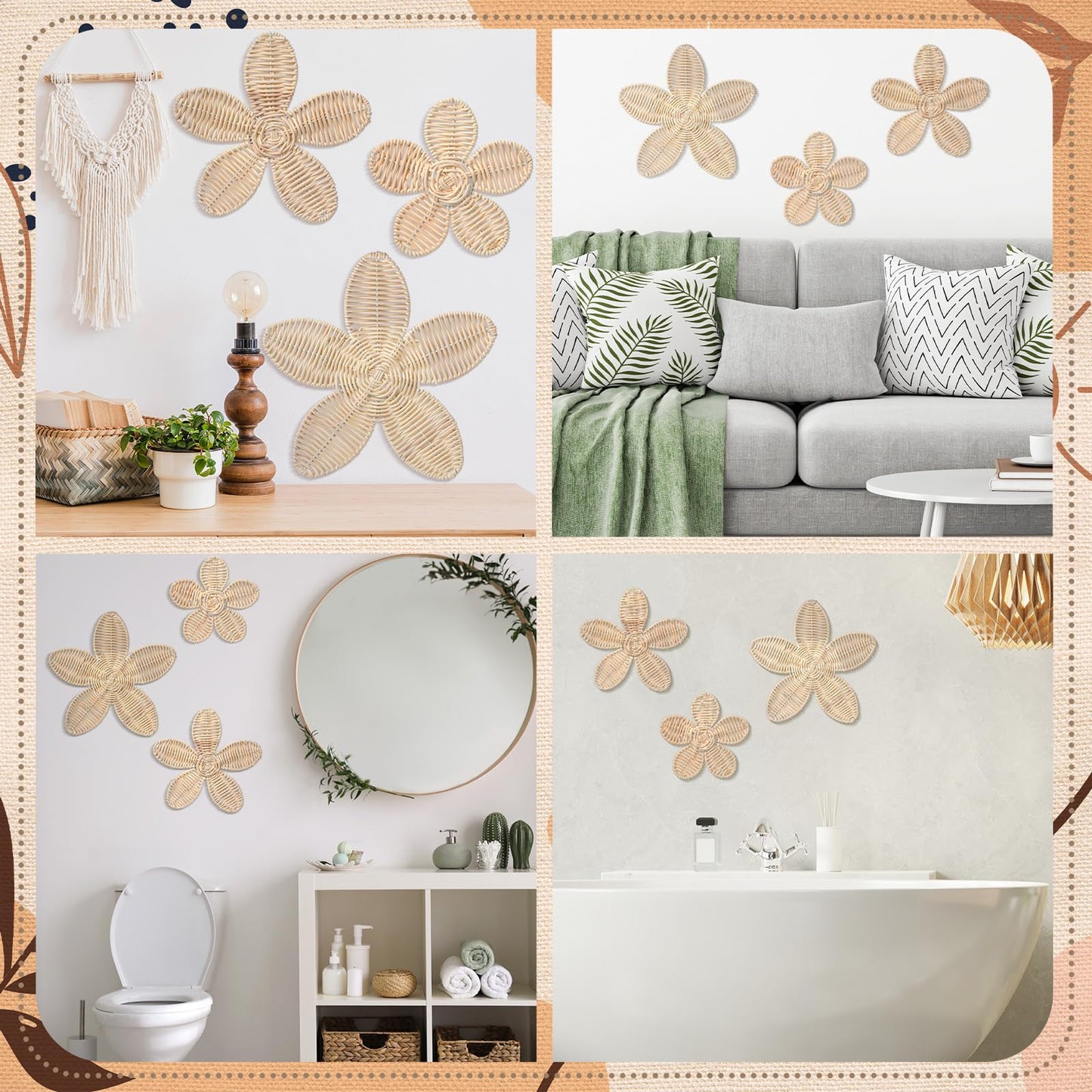 Wesiti 3 Pcs Rattan Flower Wall Decor Boho Daisy Nursery Decoration Woven Rattan Flower Wall Art for Home Nursery Bedroom Farmhouse Decorations Housewarming Gifts