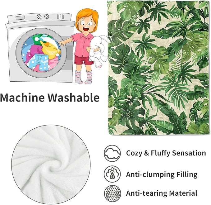 Tropical Green Leaves Blanket Lush Botanical Leaf Throw Blankets with Plant,Birthday Gifts for Girls Women & Nature Lovers,Lightweight Soft Fleece,for Sofa Couch Bed Room Decor 60x80in