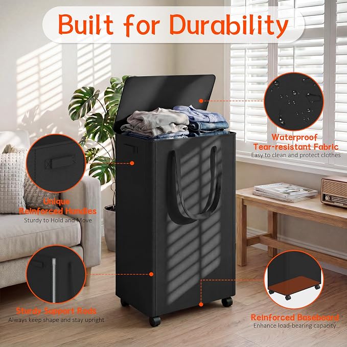 Slim Laundry Hamper with Wheels,20 Gal (75L) Rolling Laundry Basket with lid and wheels Clothes Hamper Foldable Tall Dirty Clothes Basket Sturdy Collapsible Clothes Hamper for Dorm,Laundry Room