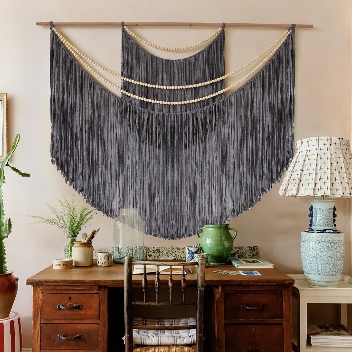 Jakalin Macrame Wall Decir Large Grey Fiber Yarn Wall Art Handmade Craftsmanship Boho Wall Decor Home Room Wall Decor,57" W x 46" L