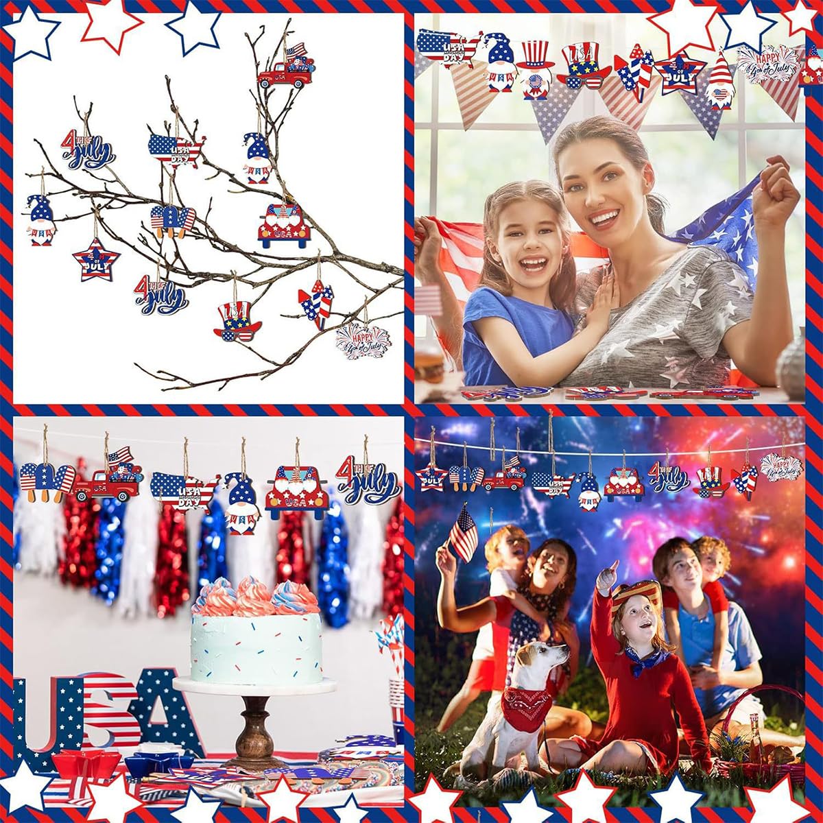 12pcs 4th of July Ornaments for Tree with Ropes Patriotic USA Flag Hanging Decorations Independence Day Wooden Hanging Decor Red White Blue Patriotic Christmas Tree for Summer Party Home Supplies