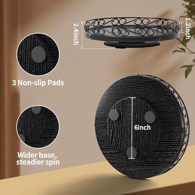 Yoobure 12" Lazy Susan Turntable for Cabinet - Farmhouse Wooden Round Tray for Table Top, 360° Rotating Lazy Susans Counter Organizer with Patterned Raised Edge for Kitchen Dining Table Decor, Black