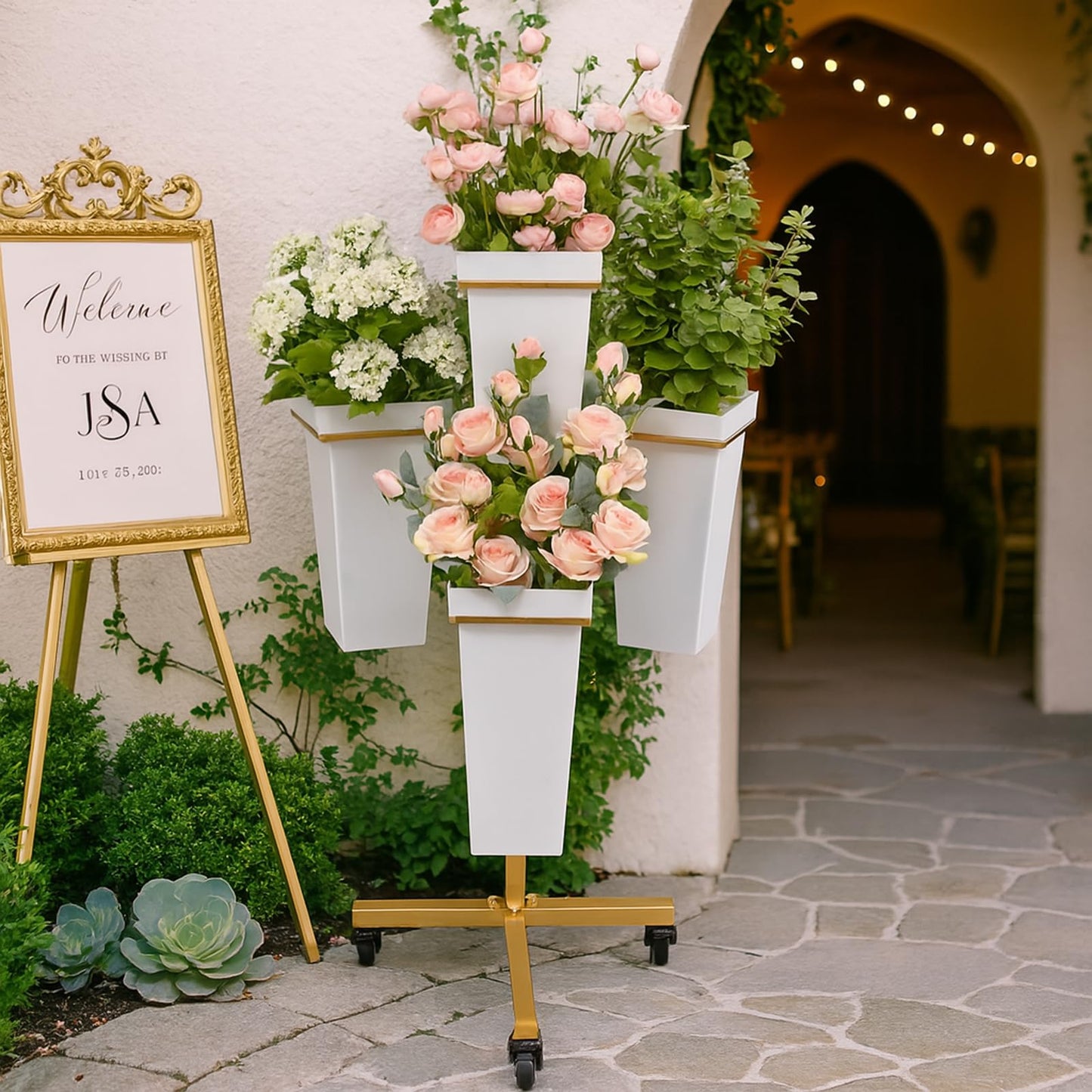 FEFZSFER Flower Display Stand with Buckets - Flower Cart with Wheels for Bouquet Shop, Metal Flower Rack Display Stand for Wedding Garden, Party, Events (Gold, Square buckets)