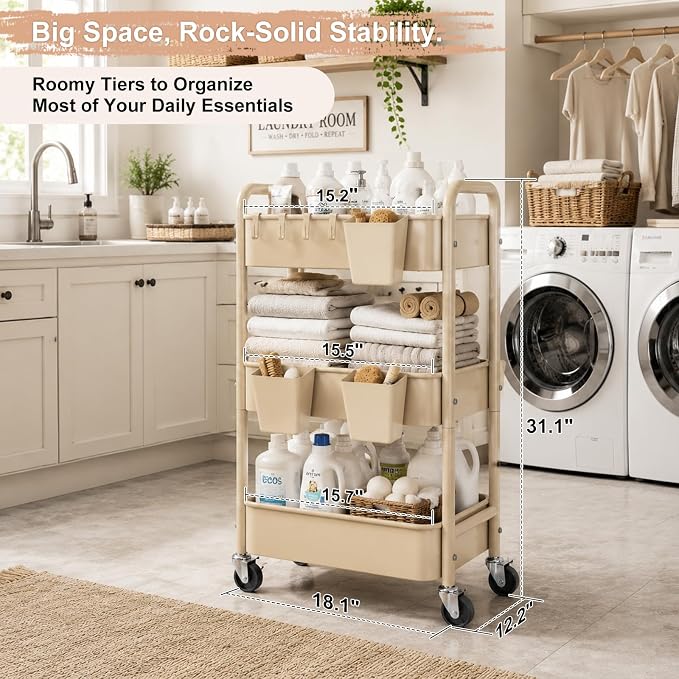 3 Tier Beige Rolling Storage Cart Metal on Wheels, Cream Three Tiered Diaper Caddy with Wheels,Utility Organizer Trolley for Nursery,Postpartum,Art,Craft,Khaki Roller Bedside Carts for Baby Essentials