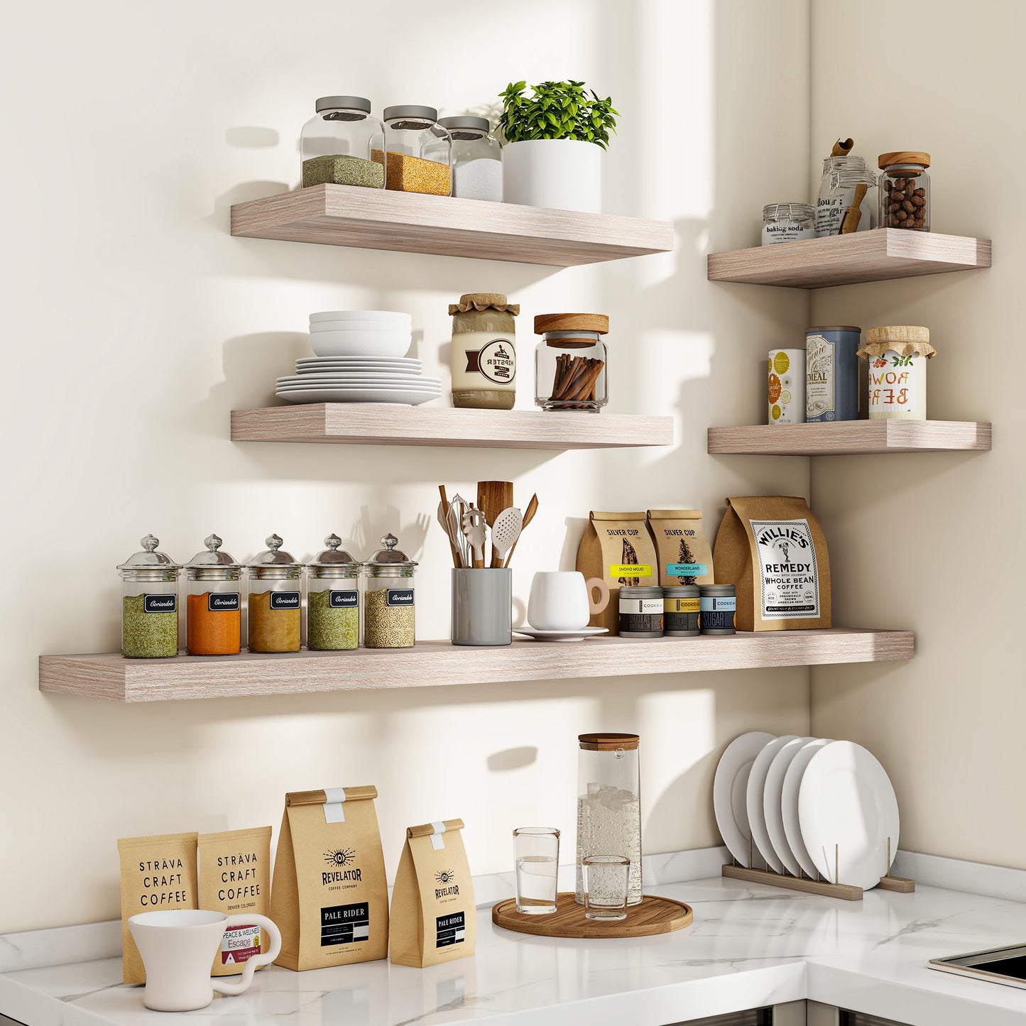 Acovy 24 Inch Floating Shelves, 3D Textured Wood Grain, 24"x9.25"x1.5" Inch Deep Floating Shelves for Wall, Wooden Shelves for Bathroom, Bedroom, Living Room, Washed White, 2 Pieces