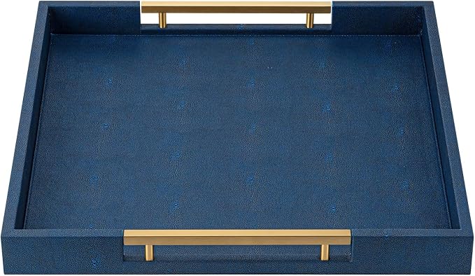 Navy Blue Faux Leather Large Square Decorative Serving Tray with Handles – for Coffee Table, Ottoman, Living Room, Bathroom & Home Decor
