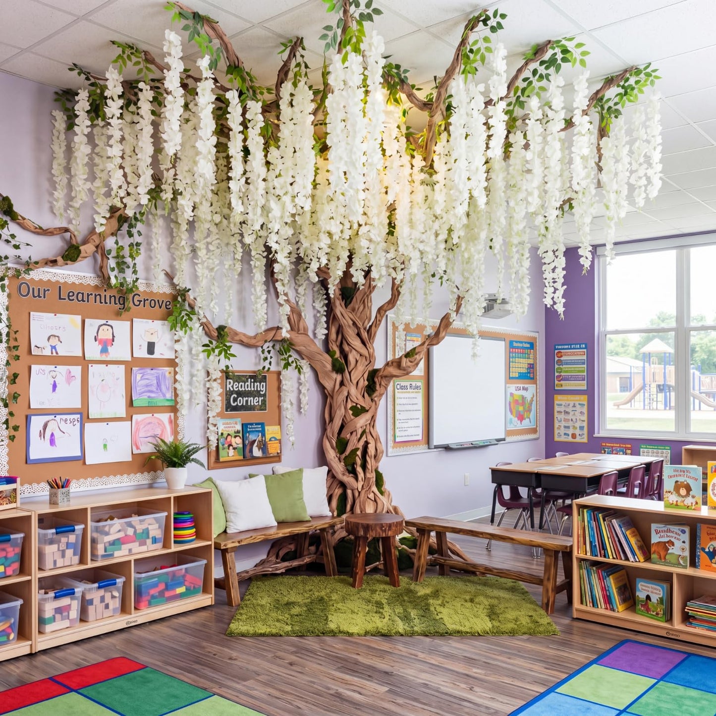 XunYee 3D Wisteria Tree Wall Decor for Room Classroom Ceiling Artificial Wisteria Hanging Flowers DIY Cardboard Paper Tree with Green Vine Kraft Paper Fairy Bulletin Board Decorations(White)