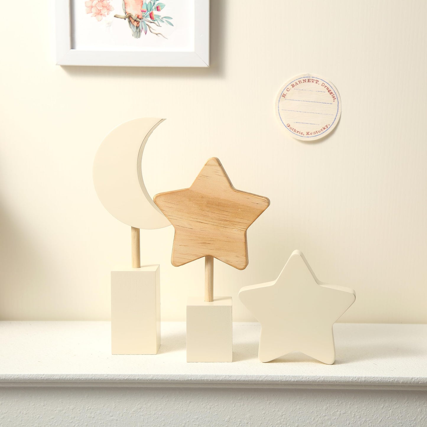 Barydat 3 Pcs Boho Nursery Shelf Decor Wooden Moon and Star Nursery Decor Set Cute Bohemian Children Kids Decoration for Boys Girls Farmhouse Bedroom Kindergarten Classroom Playroom Bookshelf