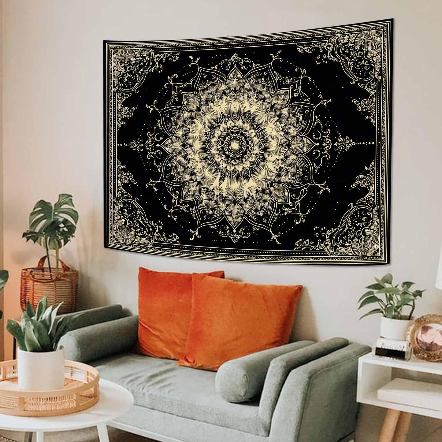 Wegklazax Golden Outline Mandala Tapestry, Intricate Floral Wall Art for Room Decor, Elegant Black and Gold Aesthetic Home Decor 60" L x 44" W