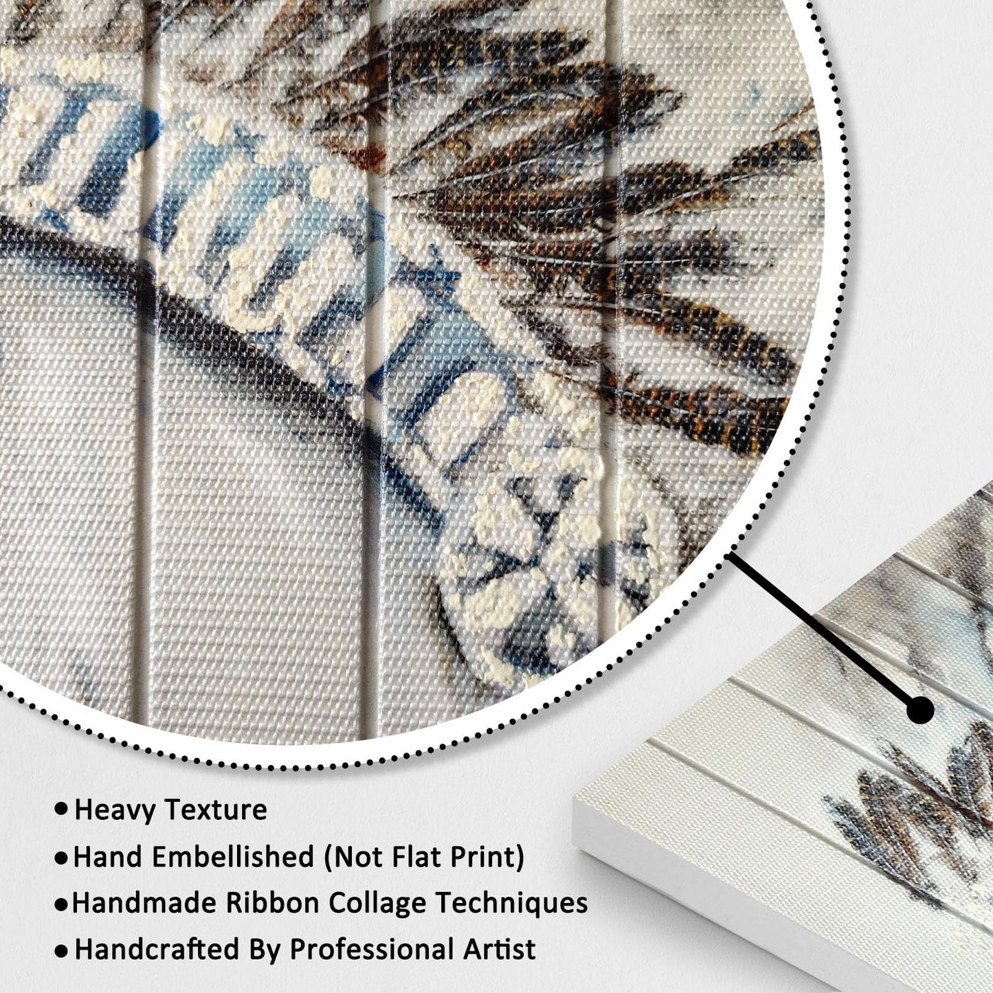 llribbons Feather Headdress Ribbon Wall Art Boho Wall Decor Handmade Ribbon Canvas Painting Modern 3D Woven Unique Textured Prints for Living Room Bedroom Bathroom Office Kitchen Home Decor 20" x 20"