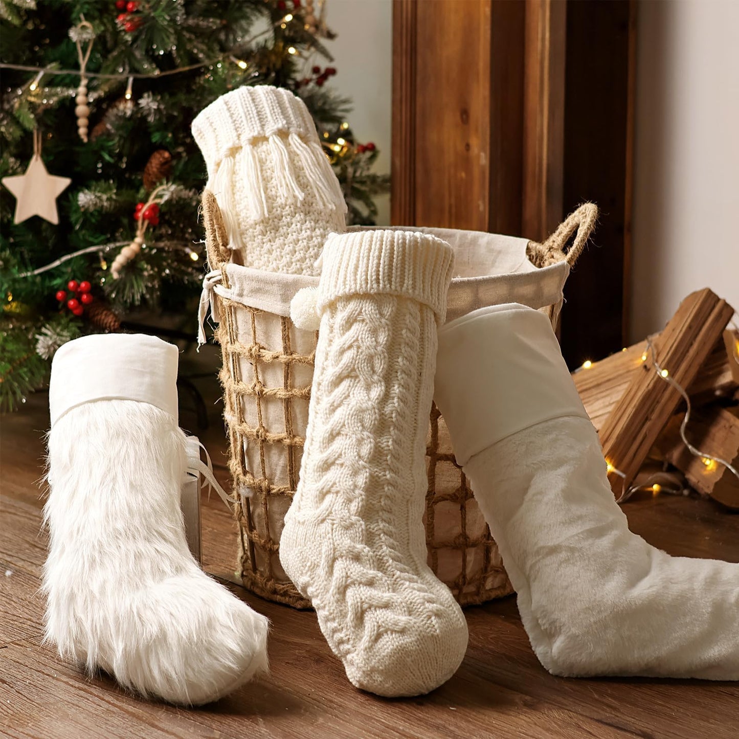 Personalized Christmas Stockings: 4 Pcs 18 Inch White Farmhouse Plush Faux Fur & Cable Knitted Fireplace Xmas Stockings, Rustic Personalized Stocking Hanging Gifts Decorations for Family Holiday Decor