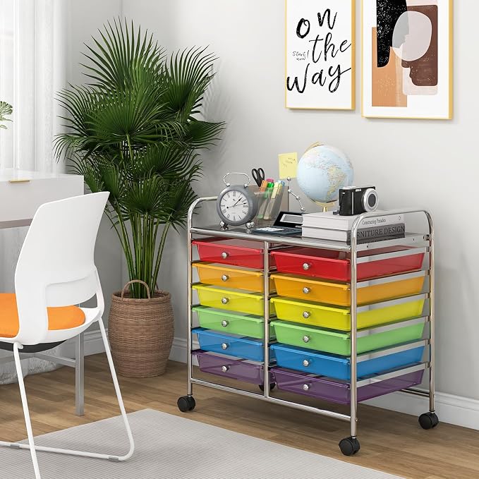 Giantex 12 Drawers Rolling Cart, Mobile Storage Drawer Cart, Classroom Organizer Cart for Office School Supplies Tools Scrapbook Paper Craft Small Printer, Utility Cart on Wheels, Rainbow