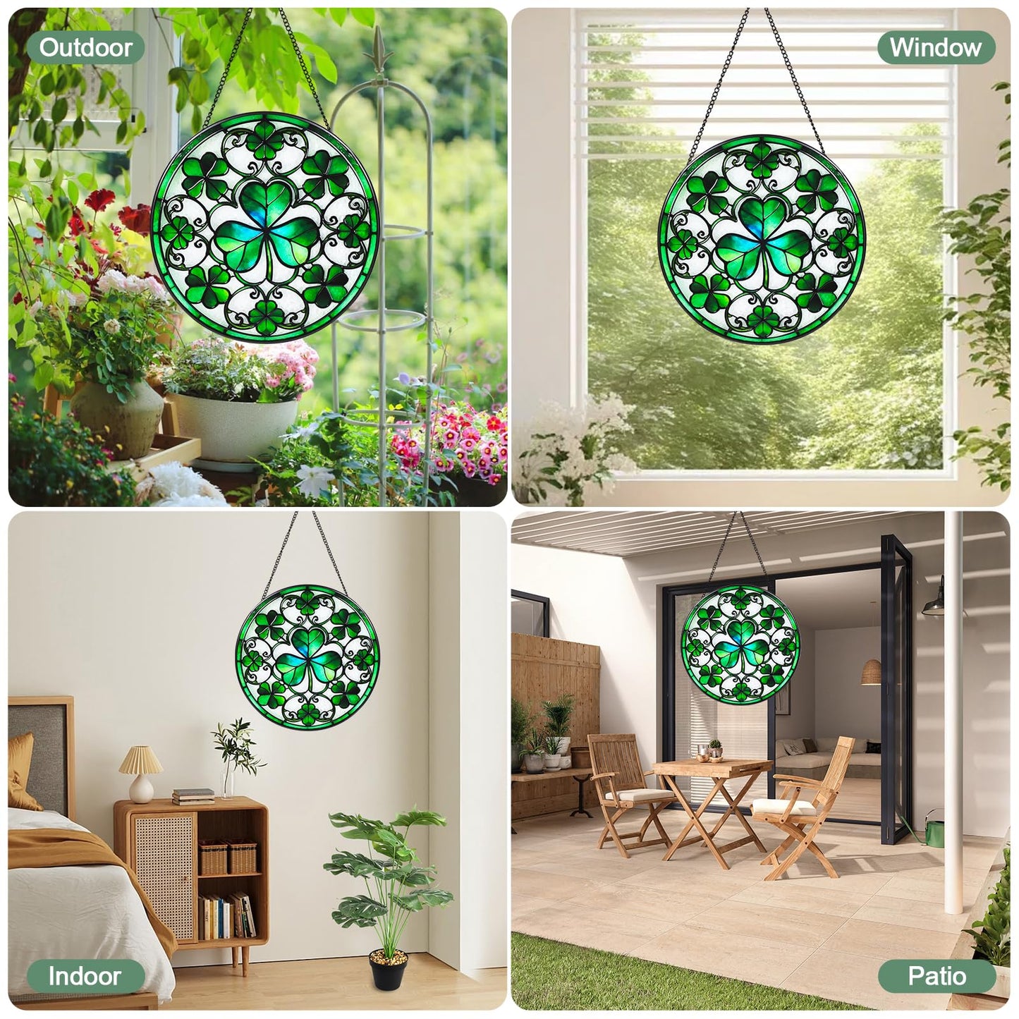 Wkyqes Ireland Green Lucky Clover Stained Glass Window Hanging Suncatcher with Chain - 7.9" Irish Shamrock Outdoor/Indoor Art Decor for Home Garden, St. Patrick's Day, Mother's,Ornaments Present