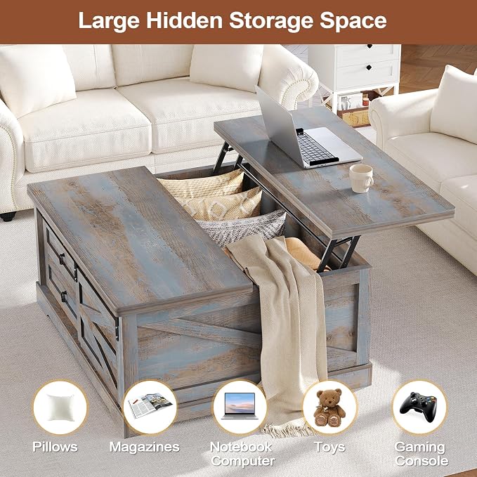 Itaar 39.4'' Lift Top Coffee Table with Storage, Farmhouse Coffee Tables for Living Room, Square Coffee Table with Large Hodden Compartment & 2 Drawrs & Adjustables Shelves (Blue)