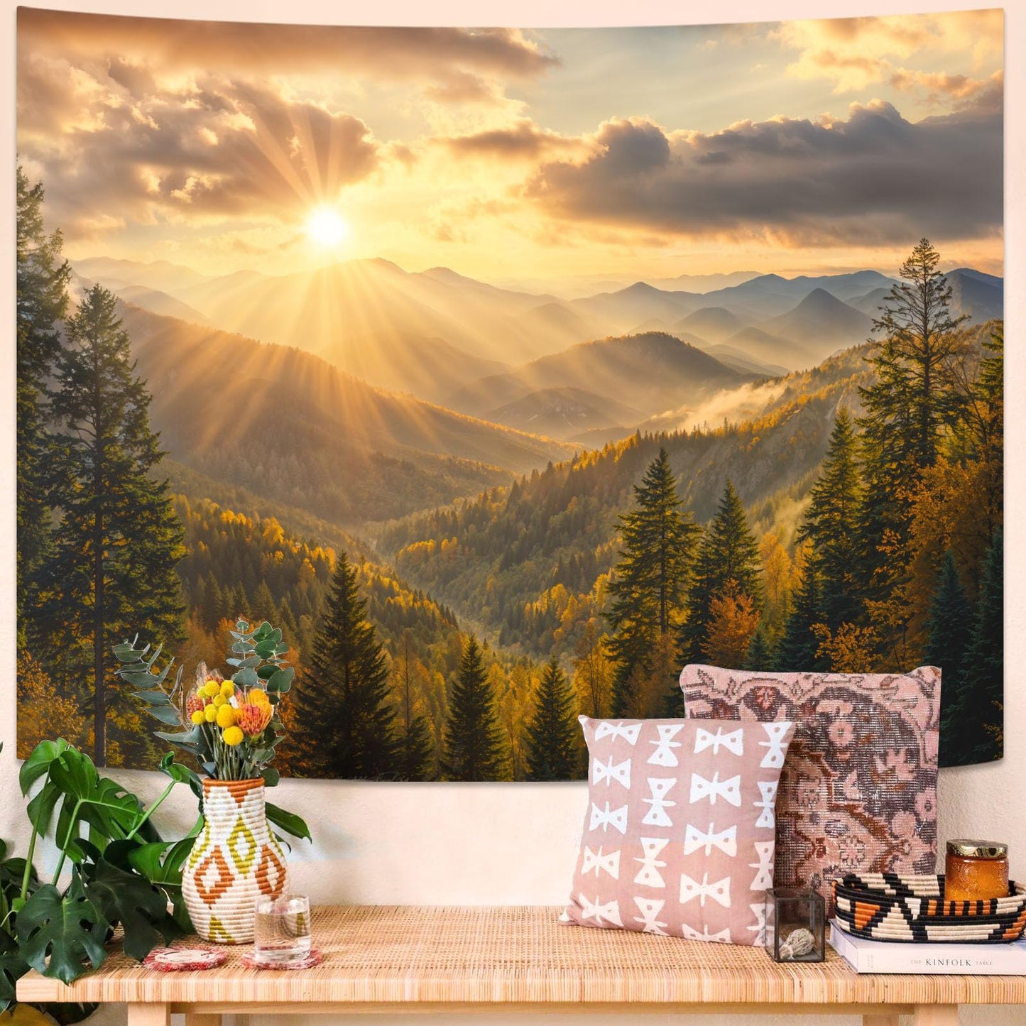 kampdream Landscape Tapestry, Scenery Art Wall Tapestries, Nature Wall Decor for Bedroom Living Room Backdrop Warm Sunset Mountain 36×48 inches