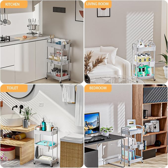3 Tier Rolling Utility Cart with Drawer,REBECAT Utility Cart Made of Multifunctional Storage Organizer Tool for Kitchen,Bathroom,Living Room,Office(Gray)