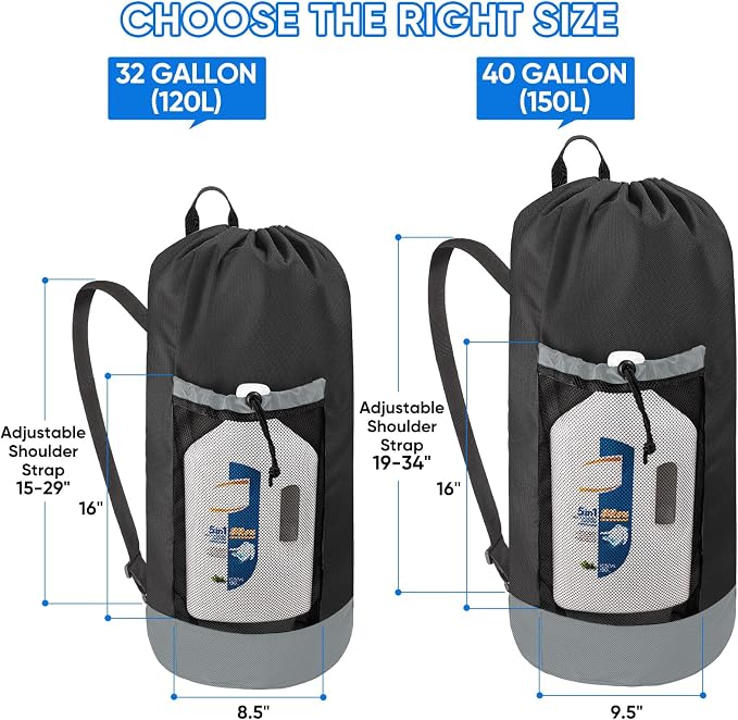 BALEINE 2PK 120L Laundry Bag Backpack, 900D Oxford Fabric Large Travel Laundry Bags with Shoulder Straps and 2 Mesh Pockets for College Dorm, Apartment, Laundromat (Black, 120L)