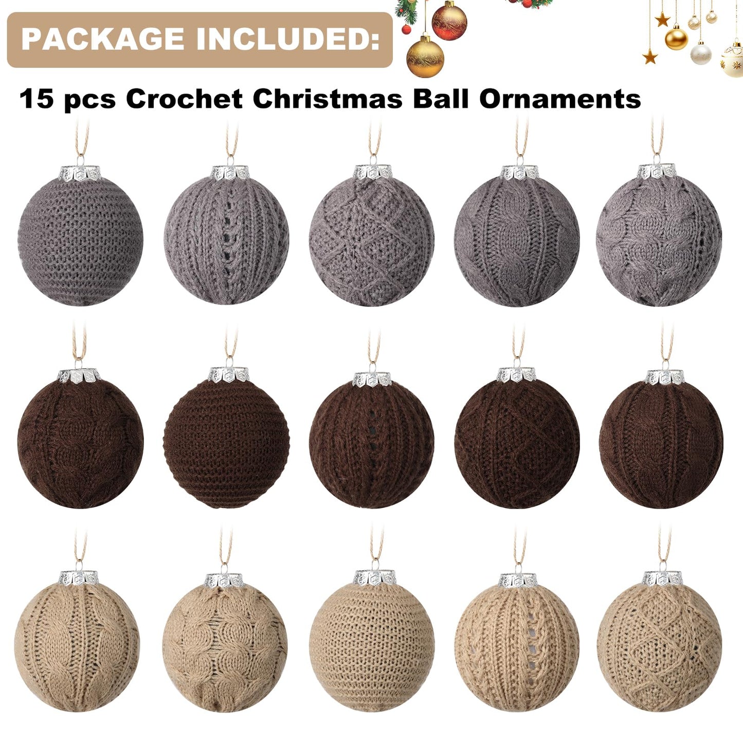 15-Pack Neutral Christmas Ornaments Crochet Christmas Balls - Handmade Style Yarn Ornaments,3.15 inch Knitted Cotton Baubles for Rustic Farmhouse Holiday Xmas Gift Decor (Grey Scheme)