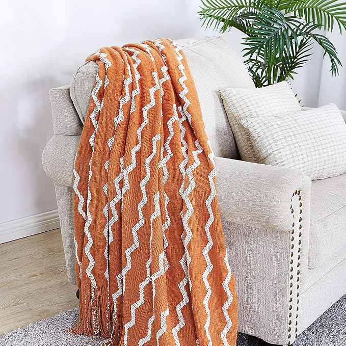 BOURINA Fluffy Chenille Knitted Fringe Throw Blanket Lightweight Soft Cozy for Bed Sofa Chair Throw Blankets, Orange 60"x80"
