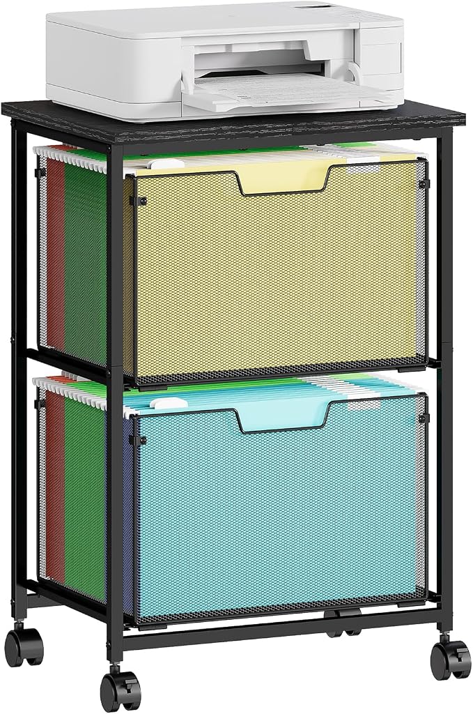 Sbanmao Letter/Legal Rolling File Cart with 2 Storage Drawers, Under Desk Storage, Vertical Filing Cabinet for Home Office, Hanging File Folders Organizer, Mobile Utility Cart Printer Stand, Black