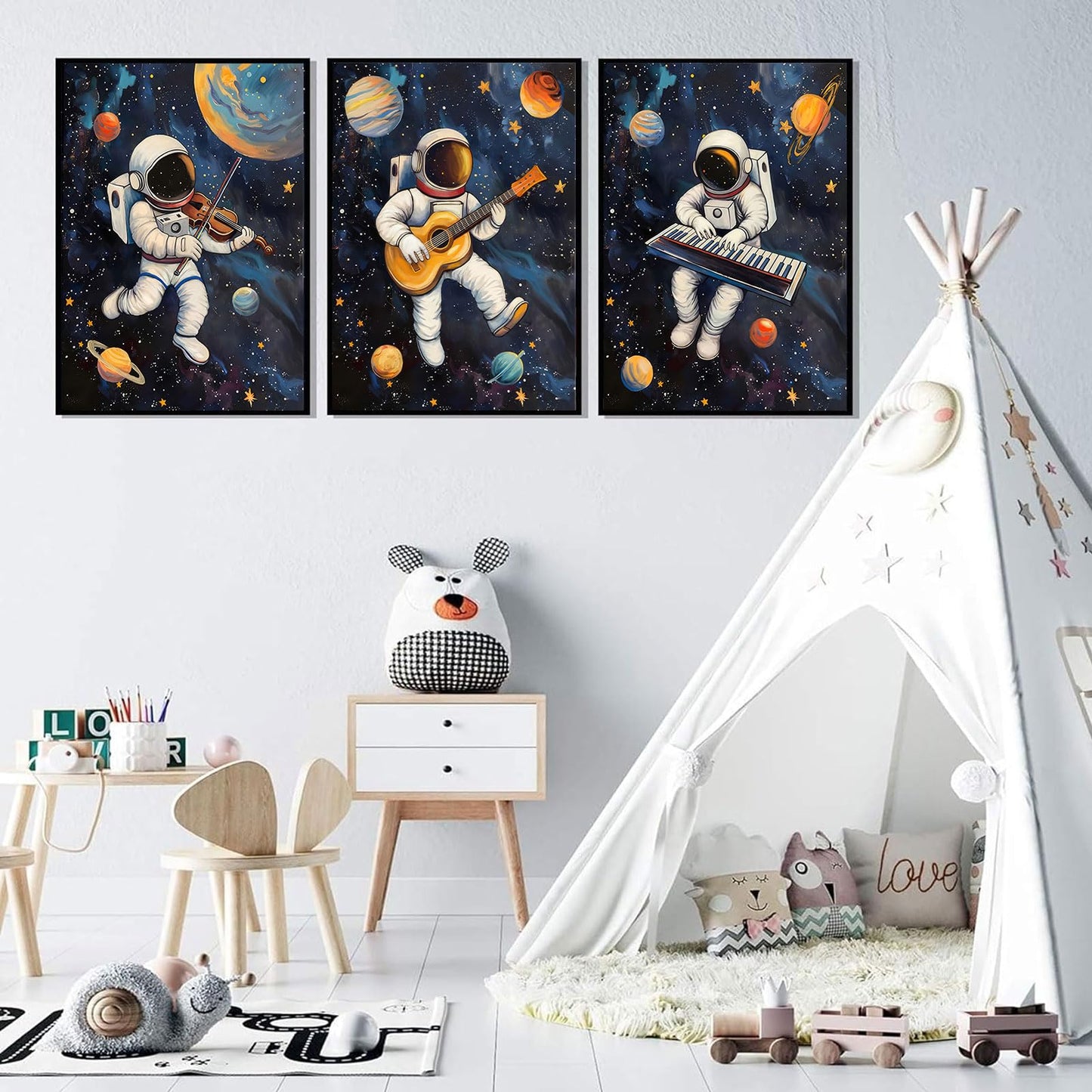 3Pcs Space Astronaut Music Posters Wall Art Cute Astronaut Musician Decor Pictures Funny Piano Guitar Violin Posters Prints for Boys Room Girls Room Kids Room Nursery Decoration Unframed