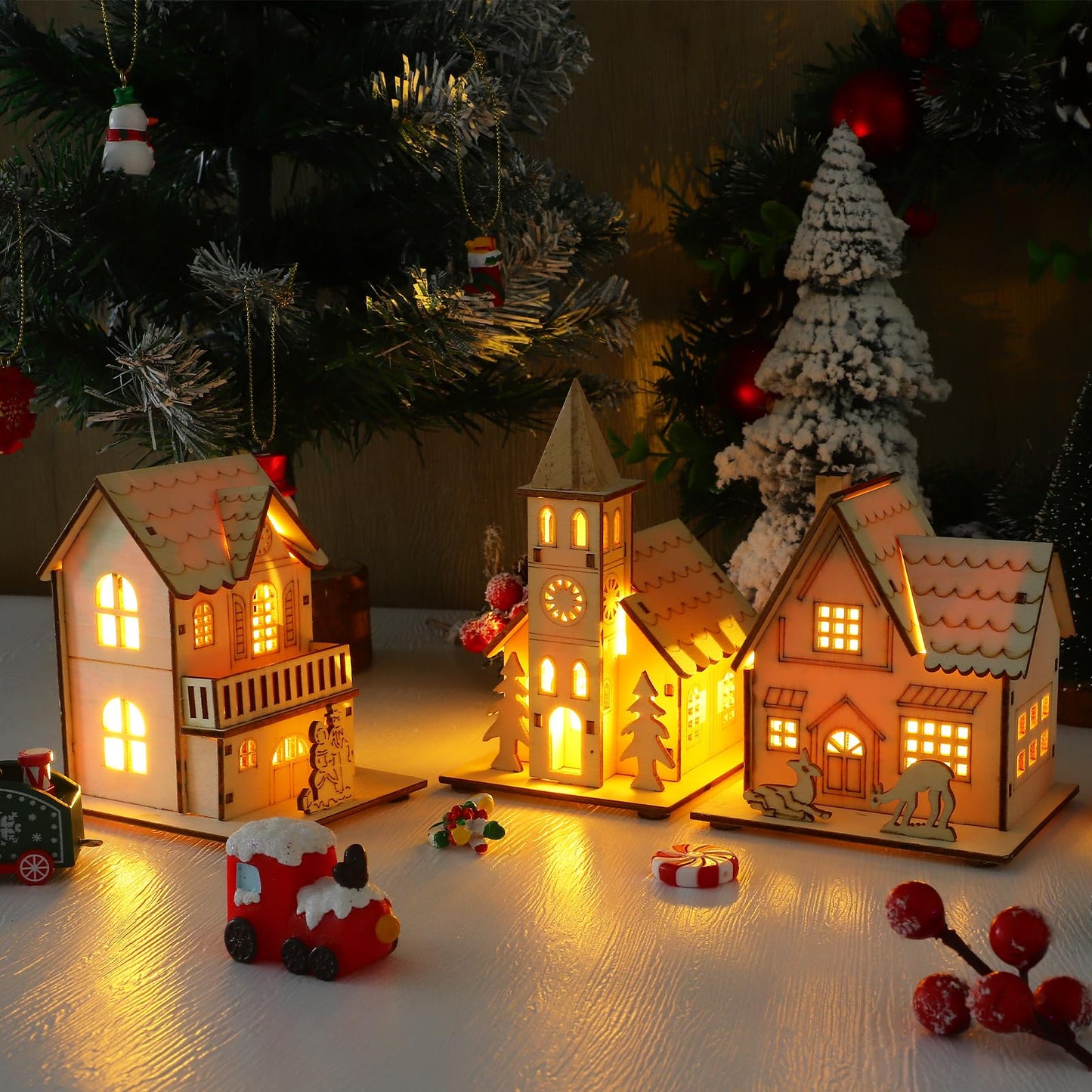 3 Pcs Christmas Village Houses: Led Light Wooden House with Battery, Unfinished Rustic Holiday Village Decor - Perfect for Christmas Table Centerpieces, Xmas Party Decorations,DIY Crafts