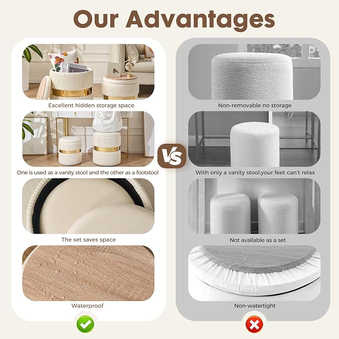 YYW HOME Velvet Round Ottoman with Storage Set of 2 for Livingroom Small Foot Stool Ottoman for Living Room Small Coffee Table Vanity Stool with Storage for Bedroom White