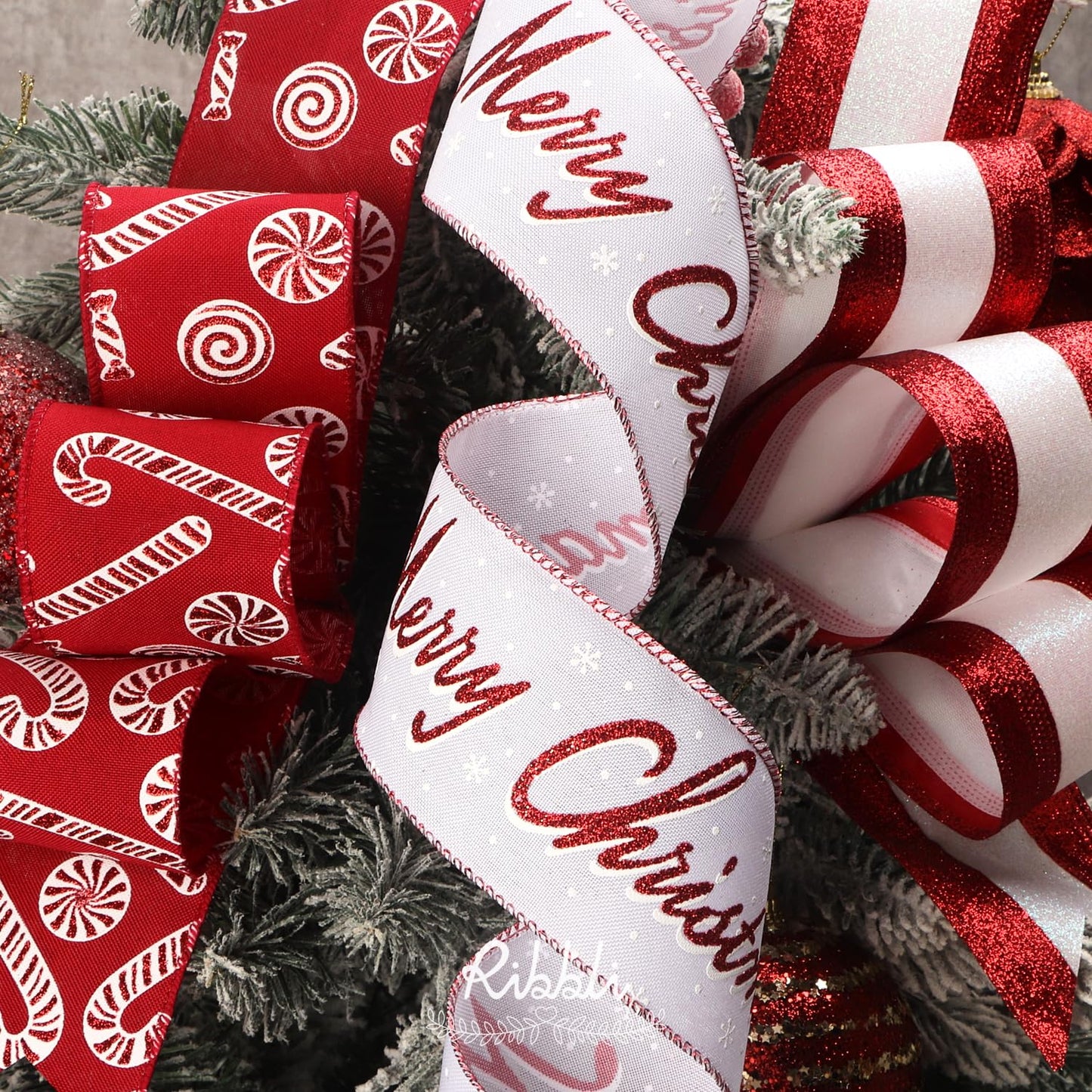 Ribbli Christmas Ribbon Wired Red White Christmas Tree Ribbon Candy Cane Glitter Burlap Ribbons for Topper Bow Crafts Gift Wrapping Wreaths Garland Home Decor -2.5 Inch x 6 Rolls Total 30 Yard