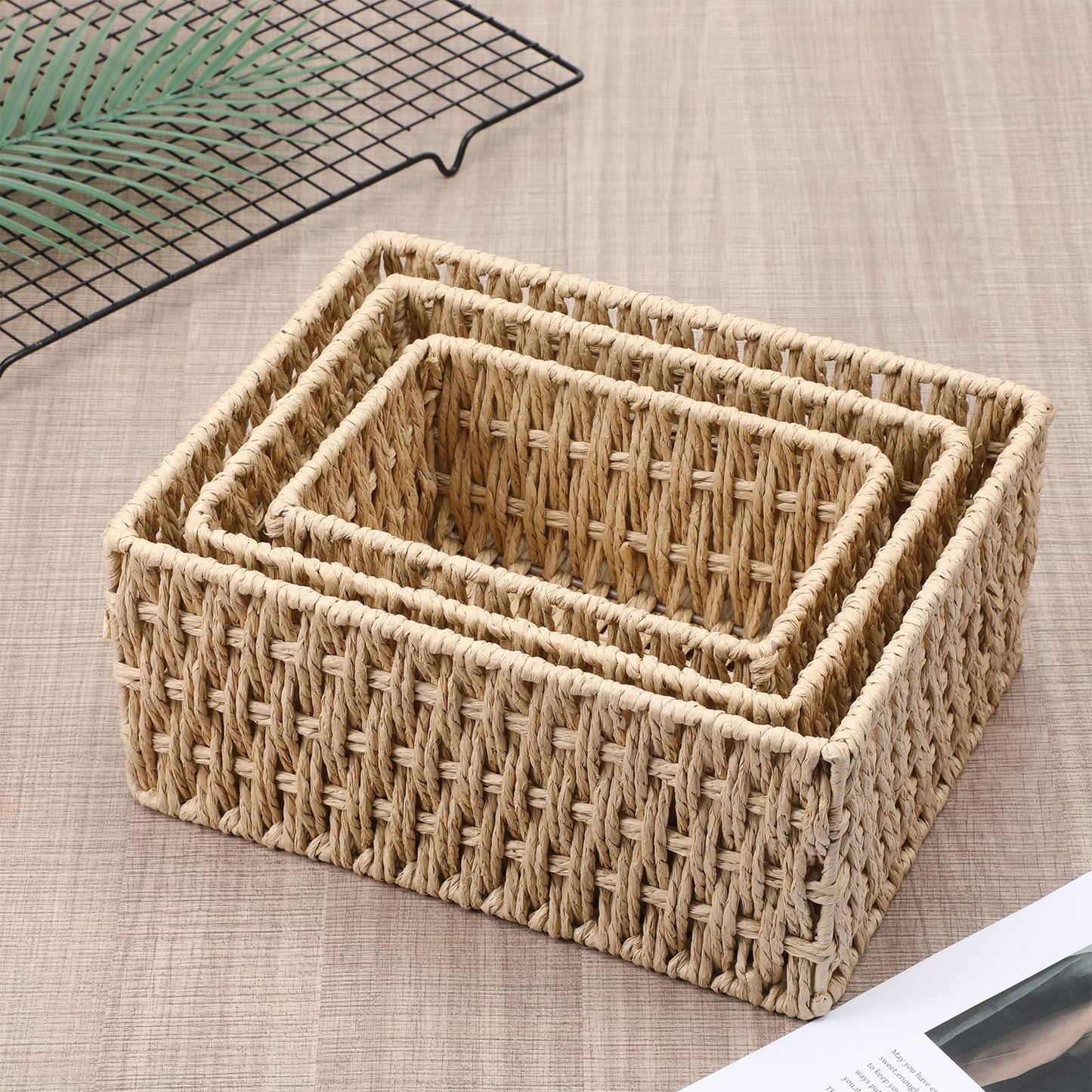 3 Pack Wicker Baskets for Organizing, Toilet Tank Basket for Bathroom, Hand-Woven Paper Rope Wicker Baskets, Toilet Paper Storage Basket for Toilets Tank Top for Shelves