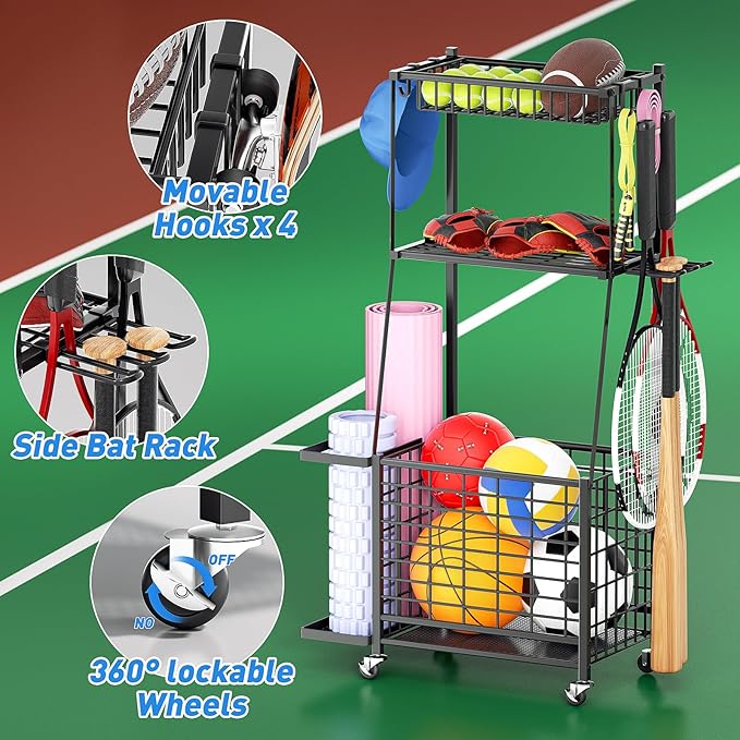 ZHOOGE Sports Equipment Organizer Garage Storage Organization, Garage Organizer Ball Storage Rack Rolling Cart with Basket and Hooks for Toy/Sports Gear Storage Indoor/Outdoor Use, Black