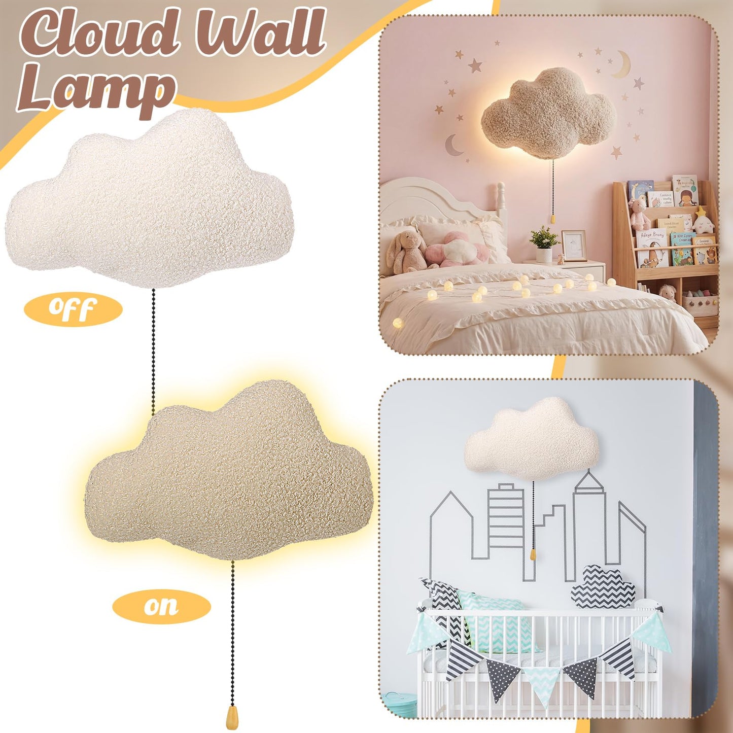 Aurelema Fluffy Cloud Night Light Wall Lamp Sleeping Nursery Lighting Cute Floating Battery Operated Hanging Lamp for Baby Boys Girls Bedroom Room Nursery Wall Decorations