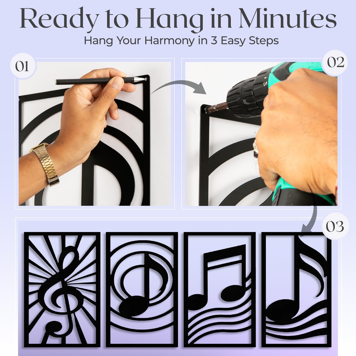 GALLERY GRACE Metal Wall Art Decor – 11" x 16" Set of 4 Single Line Abstract Wall Art for Living Room, Office, or Studio – Modern Minimalist Black Wall Decor with Music Note and Symbol Panels
