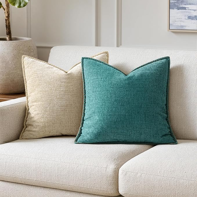 MIULEE Pack of 2 Couch Throw Pillow Covers 18x18 Inch Teal Farmhouse Decorative Pillow Covers with Stitched Edge Soft Chenille Solid Dyed Summer Pillow Covers for Sofa Bed Living Room