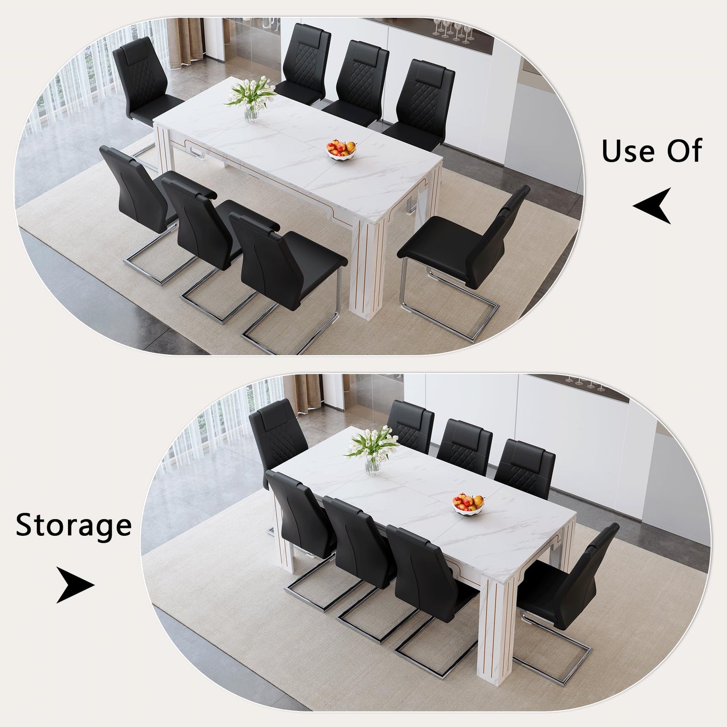 KEIKI 9-Piece Dining Table Set for 8, 71" White Faux Marble Kitchen Table with 8 Black PU Leather Chairs, Modern Dining Room Set with Silver Metal Legs, Large Rectangular Table for Home, Restaurant