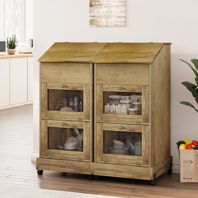 Potato Storage Bin, Wooden Bread Bins with Wheel, Movable Onion Storage Bin, Decorative Vegetable Storage Box for Kitchen Pantry, Brown