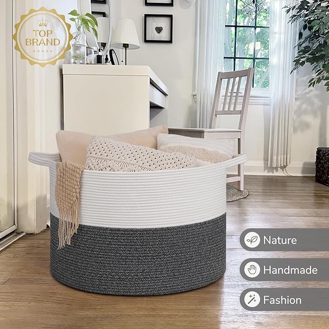 INDRESSME 115L Extra Large Cotton Rope Blanket Basket, Woven Baby Laundry Baskets for Clothes Pillows Towel, Toy Baksets for Kids, White & Gray