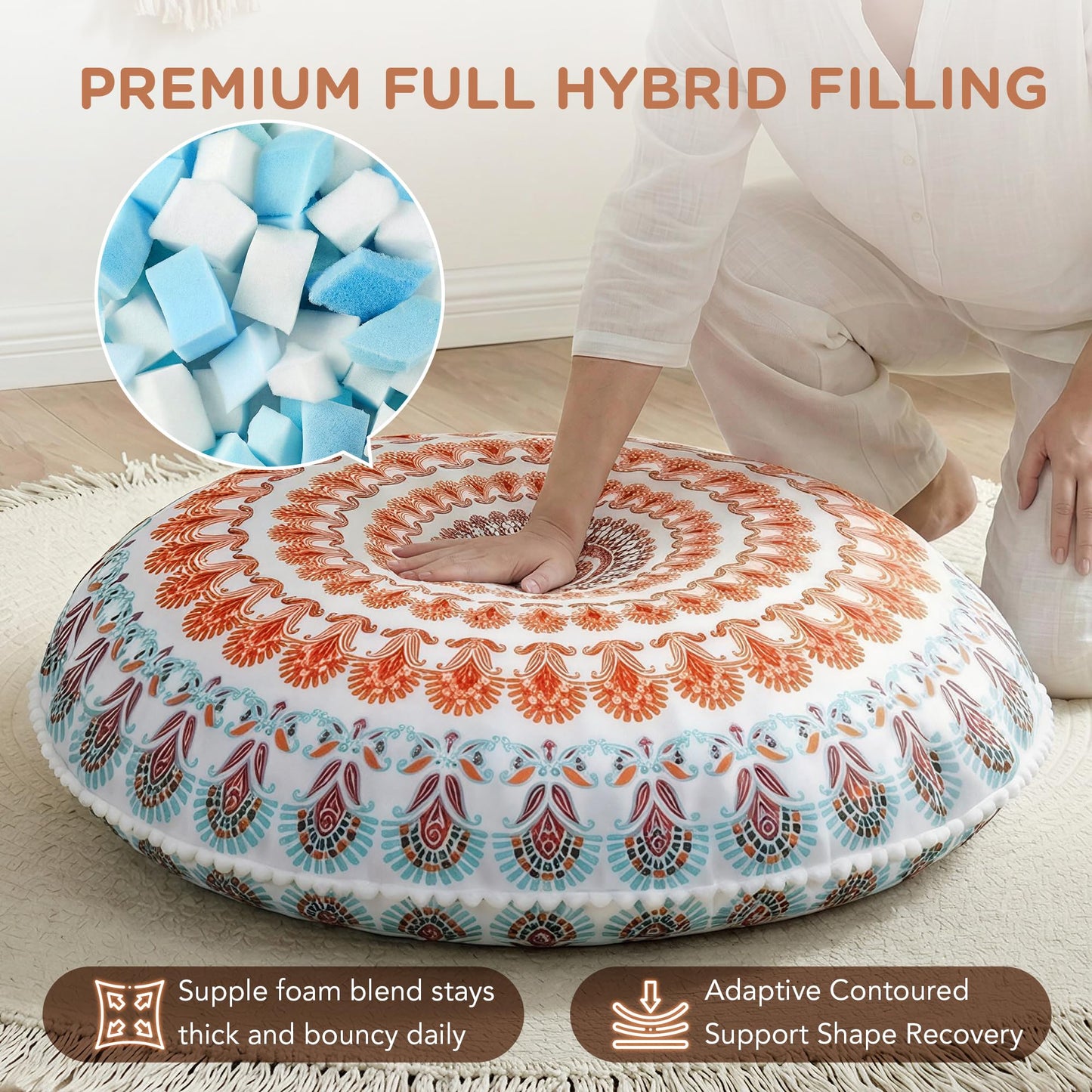 Codi Floor Pillows for Adults Set of 2, Large Boho Meditation Cushions with Memory Foam, Round Mandala Seating for Outdoor Yoga and Living Room, Washable, 32 Inch, Coral