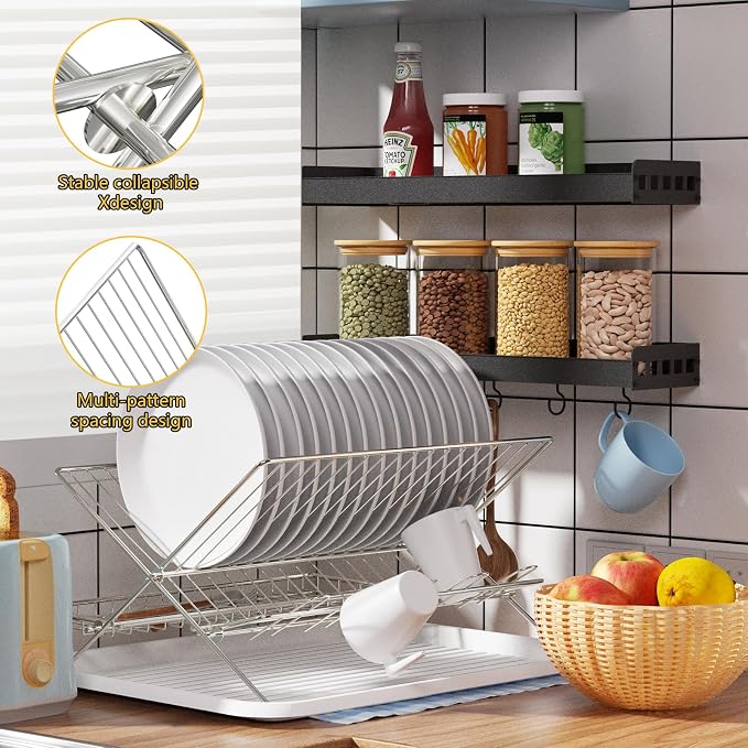 Collapsible Cup Drying Rack, Space Saving Foldable Stainless Steel(304) Mug Holder for Kitchen Counter,Compact 5-Glass Cup Rack Metal 3-Tier Large Capacity