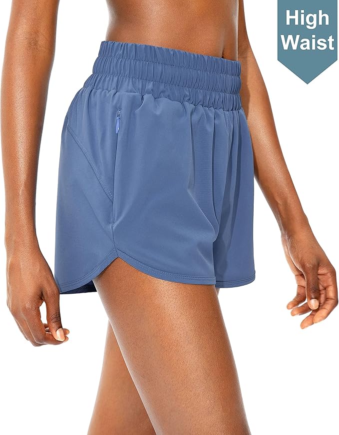 SANTINY Women's Running Shorts with Zip Pockets High Waisted Athletic Workout Gym Shorts for Women with Liner