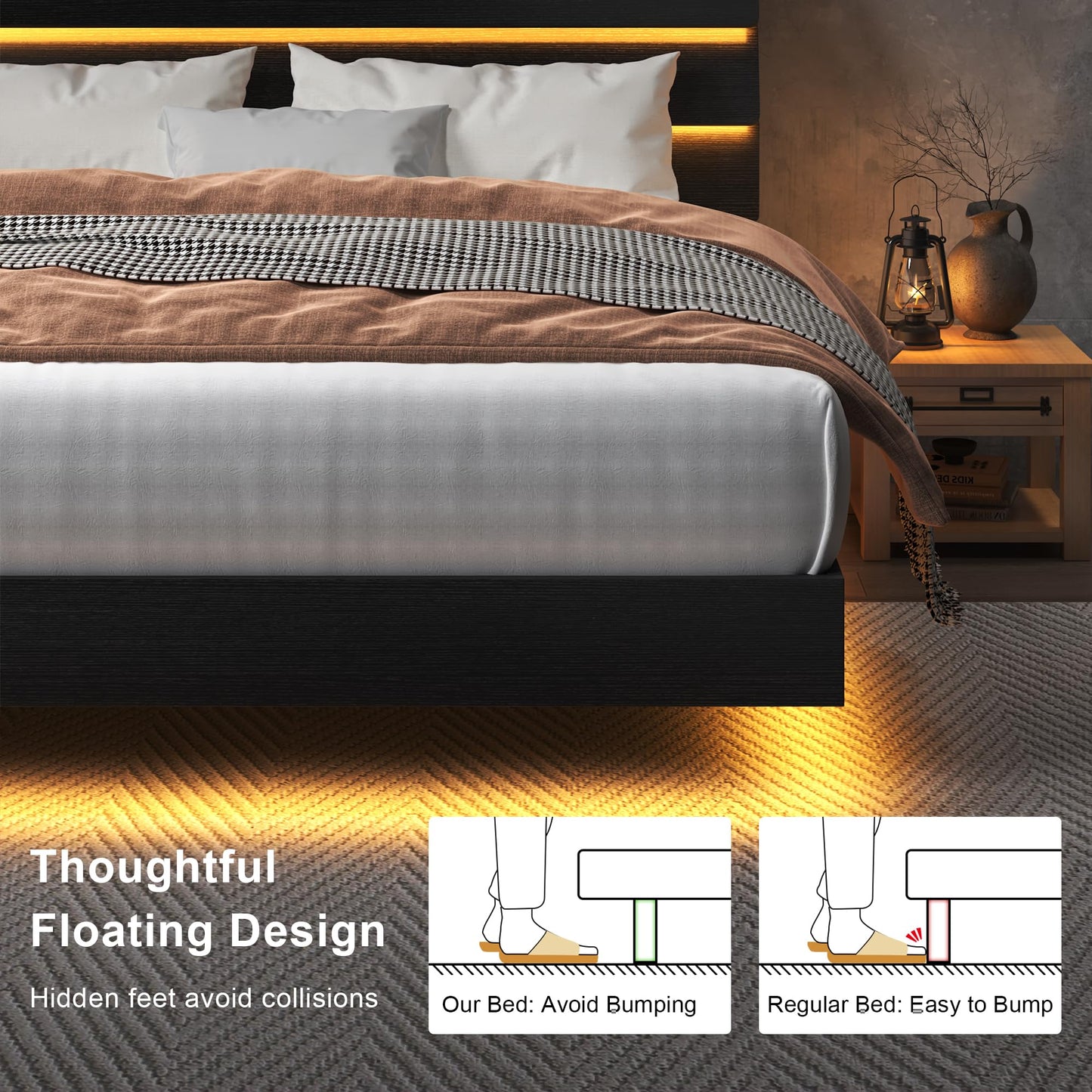 Feonase Floating Bed Frame King with Led Lights and Charging Station, Wood Full Size Bed Frame with Storage Headboard, Heavy Duty Metal Slats, No Box Spring Needed, Easy Assembly,Dark Black